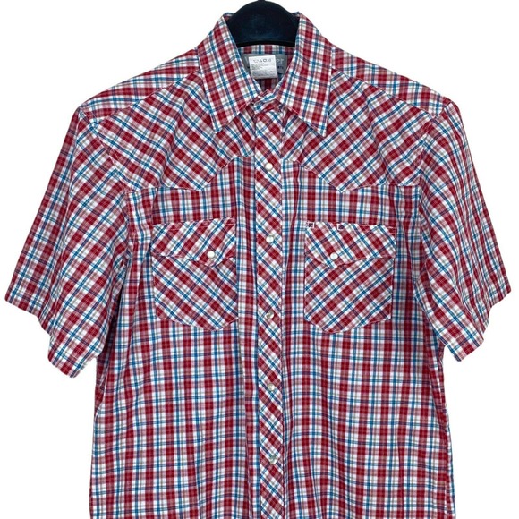 Wrangler Other - Wrangler Wrancher Men's Medium Western Pearl Snap Short Sleeve Plaid Red Blue